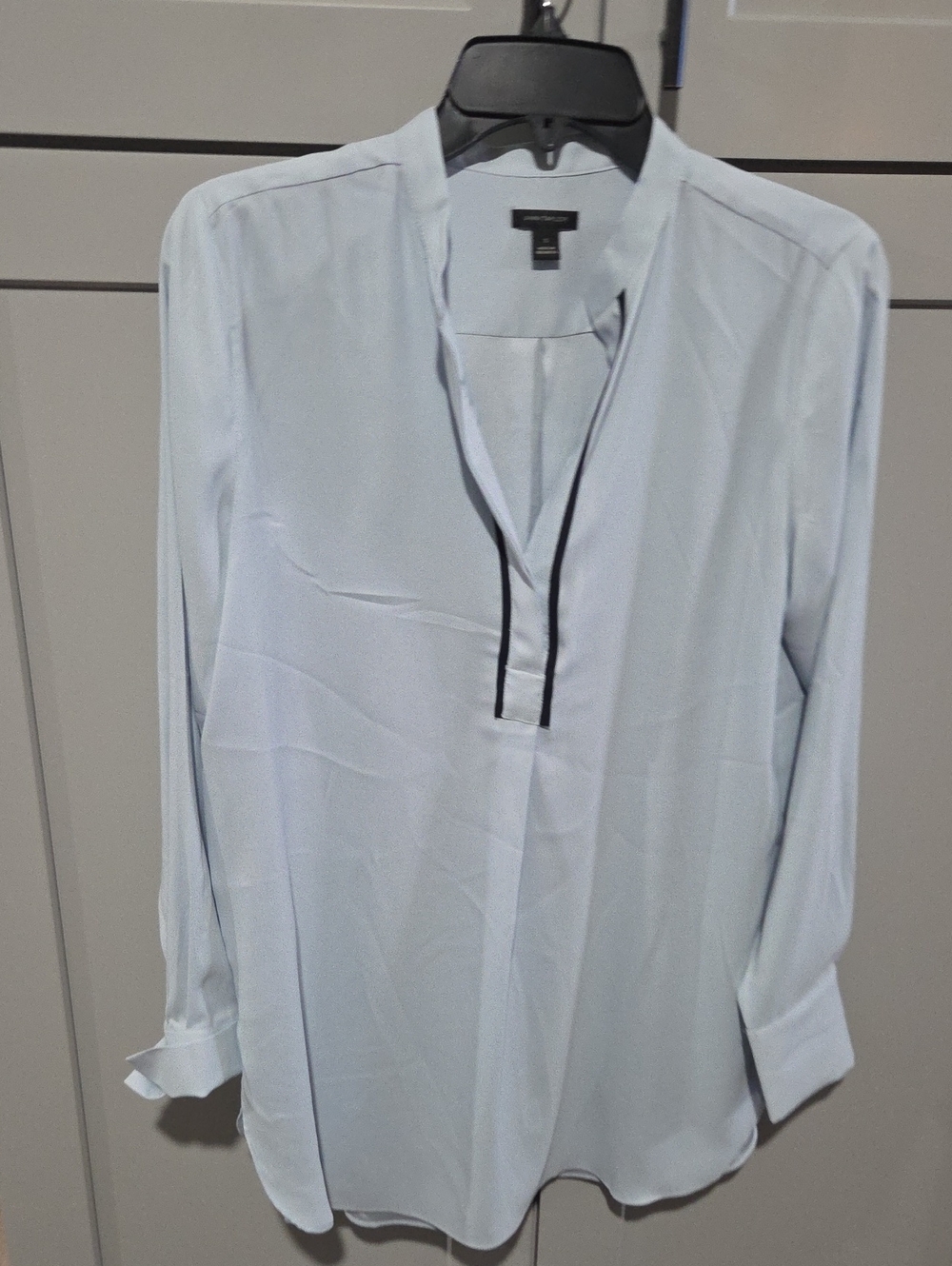 Ann Taylor Light Blue V-Neck Blouse with Contrast Trim